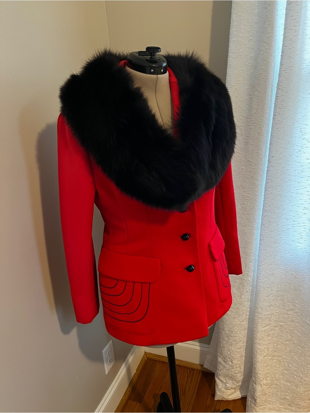 Vintage Red Pea Coat with Real Black Fur Collar
